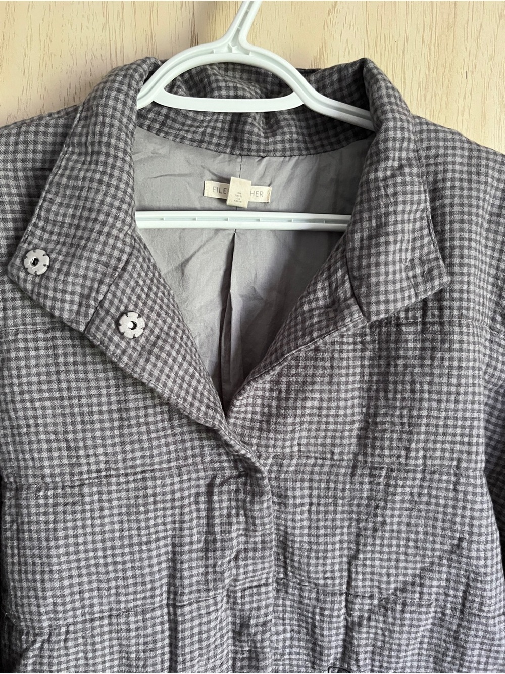 Eileen Fisher Organic Linen Puff stand Up Collar Jacket Grey Check Sz S / P - Picture 11 of 11